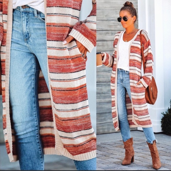 Vici Sweaters - Vici Quest Striped Pocketed Duster Cardigan